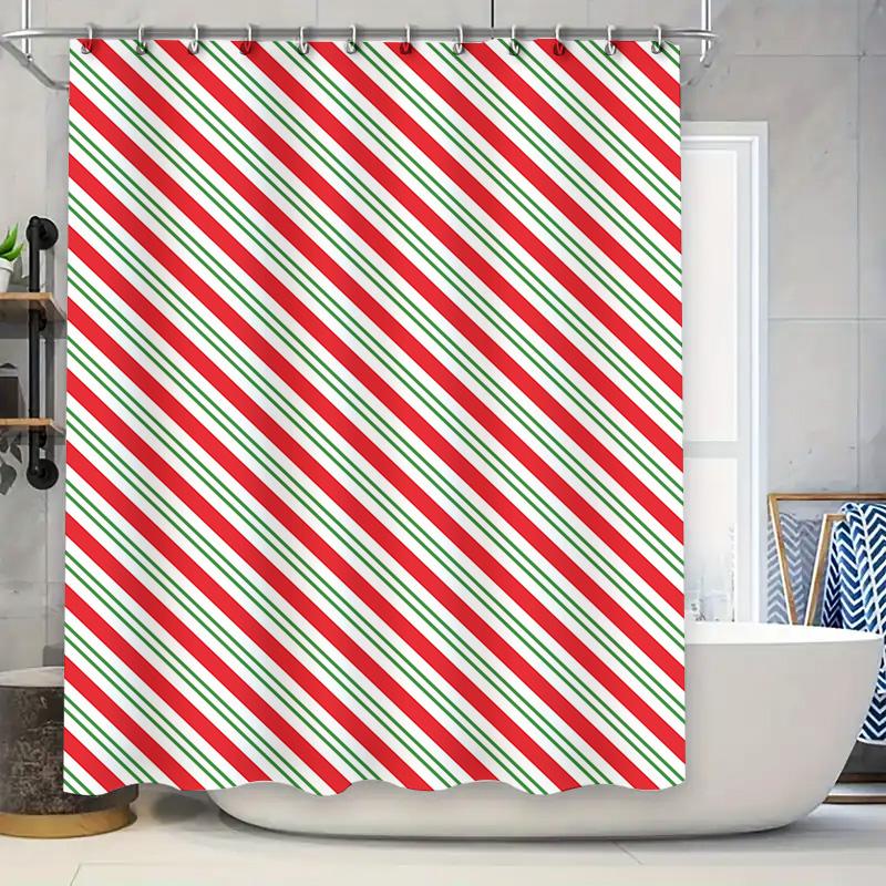 

Festive Christmas Stripes: Red, White, And Green Diagonal Pattern Shower Curtain For A Joyful Holiday Bathroom Dcor W60H190(CM)-1 Pcs