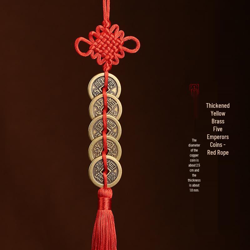 Reines Messing Fünf/Sechs Kaiser Münzen Anhänger mit Chinesischem Knoten, Rot-Gelb, Verdickt 2,5cm-2,8cm Kupfermünzen