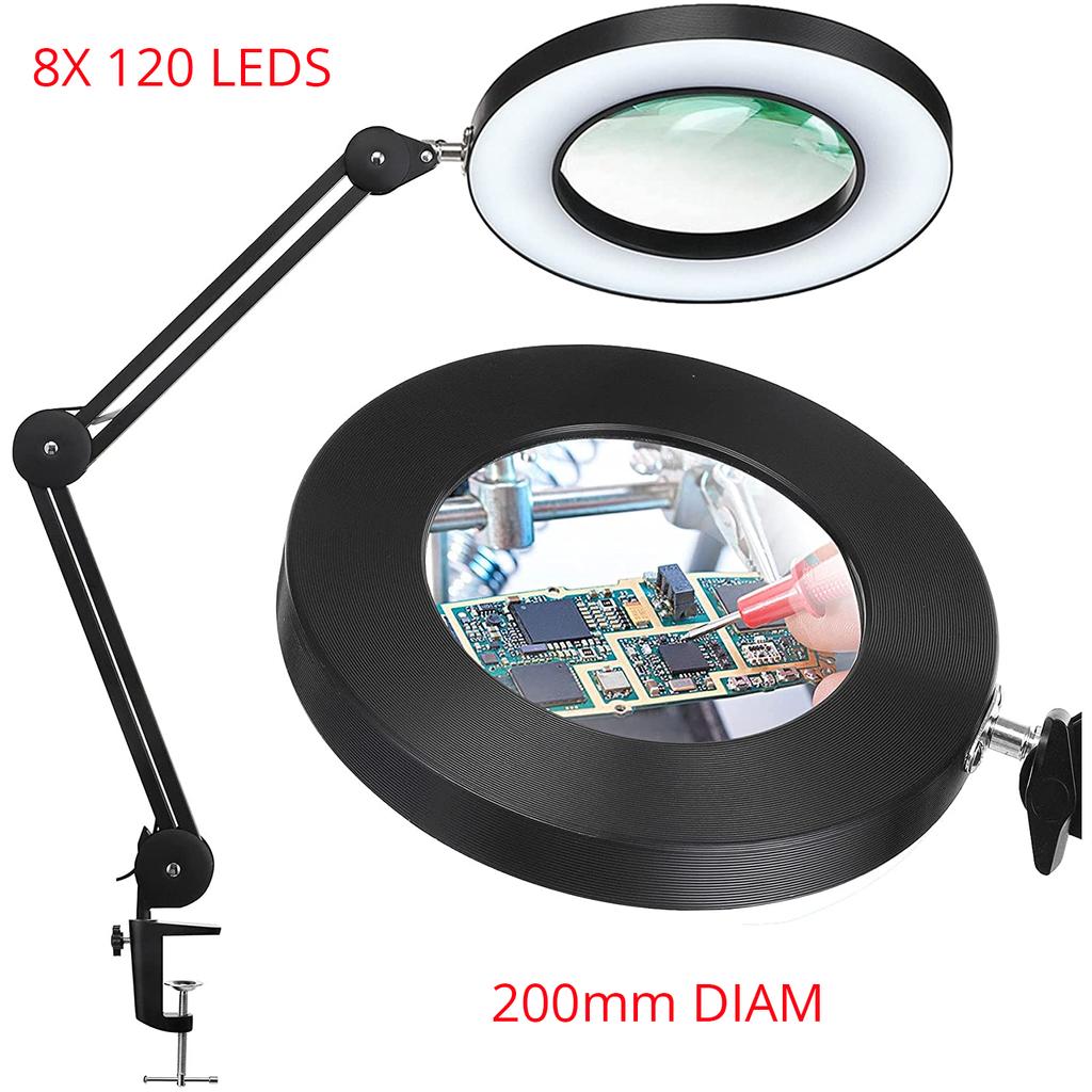 2024 NEW 200MM Diam 120 LED 8X Magnifying Glass for Reading Soldering station phone with LED light stand Illuminated magnifier
