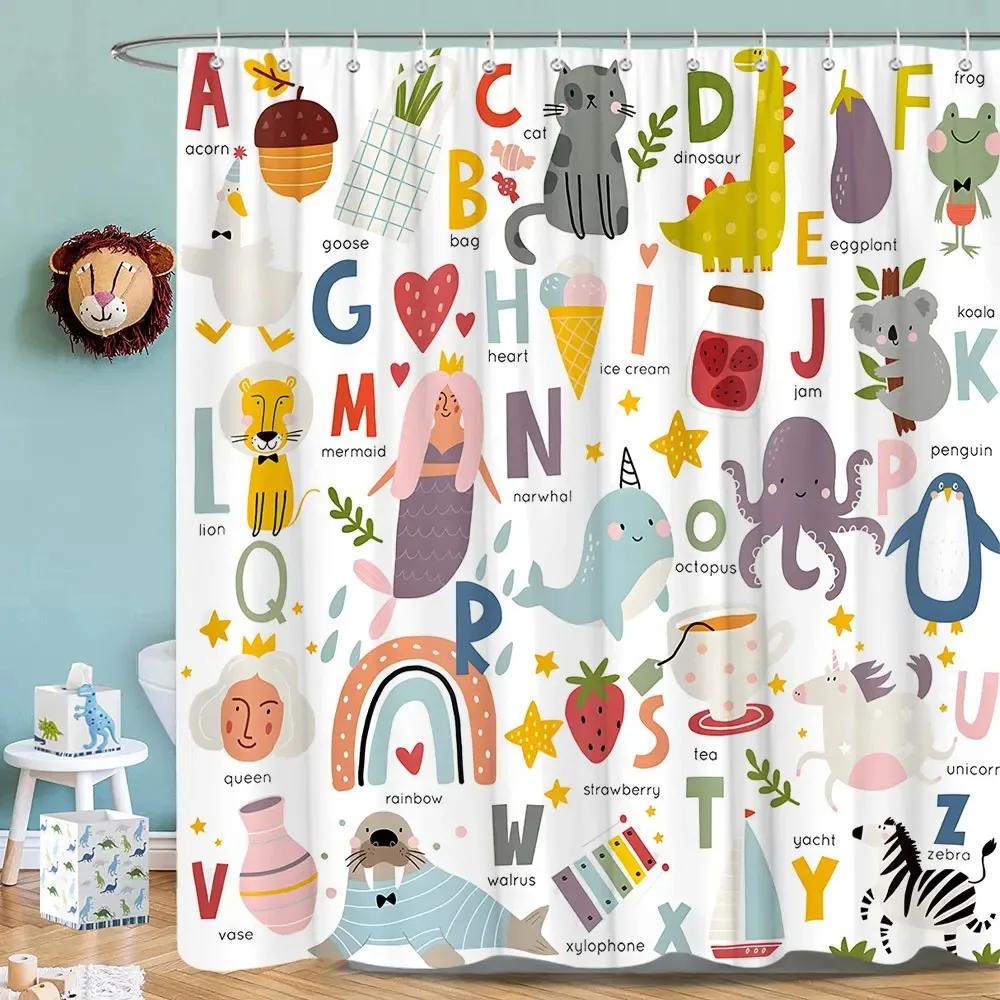 Kids Alphabet Shower Curtains For Bathroom Decor Abc Educational Learning Tool Baby Cartoon Animals Colorful Girls Boys Printed