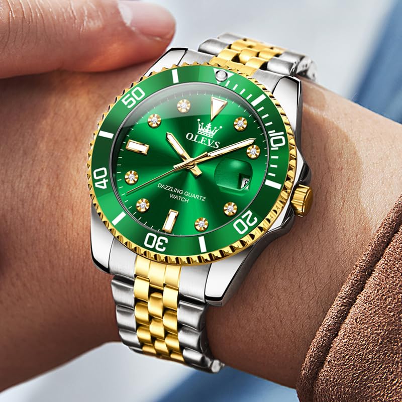 OLEVS Men's Quartz Watch, Business Style, Stylish, Waterproof, Diamond-Inspired, Metal Band, Date Display, Luminous, Gift, Green