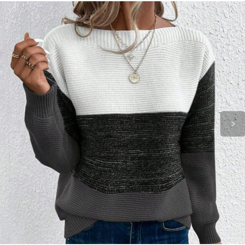 women s Color Block Striped Off Shoulder Knit Sweater Loose Fit Long Sleeve Pullover Jumper Top S