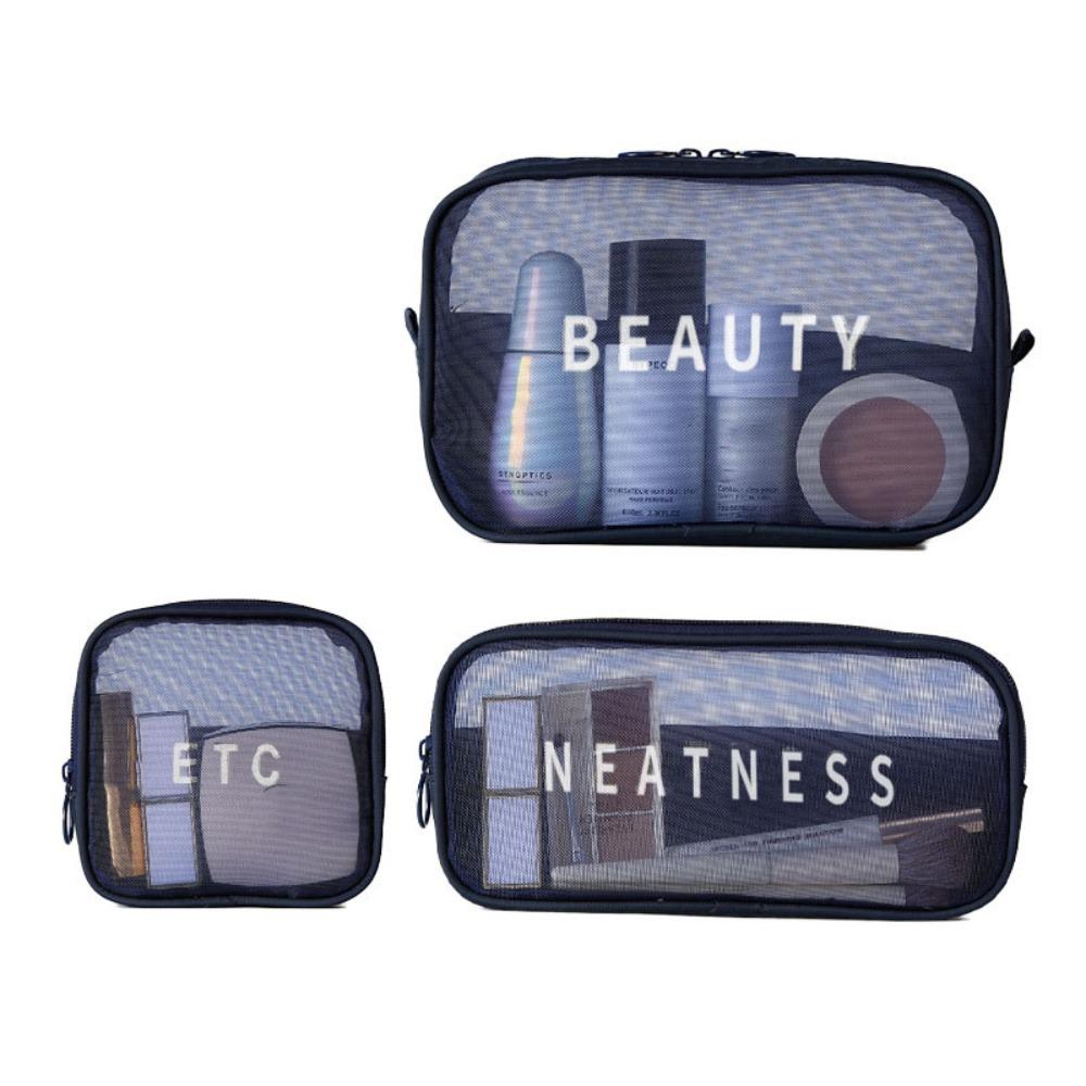 

3pcs Large Capacity Transparent Makeup Bag Solid Color Handheld Makeup Pouch Travel темно-синього кольору