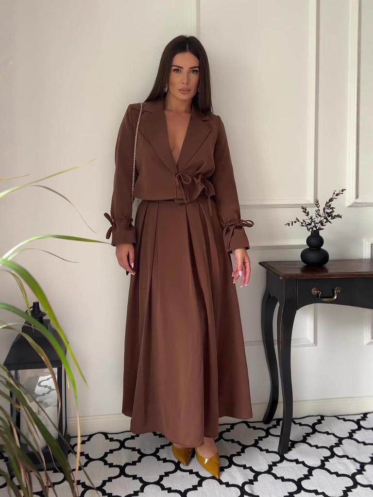 Vintage Långärmad Dam Kort Kostym Topp & Högmidjad A-linje Midi Kjol Set