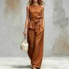 QICED Women's  Sleeveless Round Neck Fashion Casual Pants Suits Casual Chic