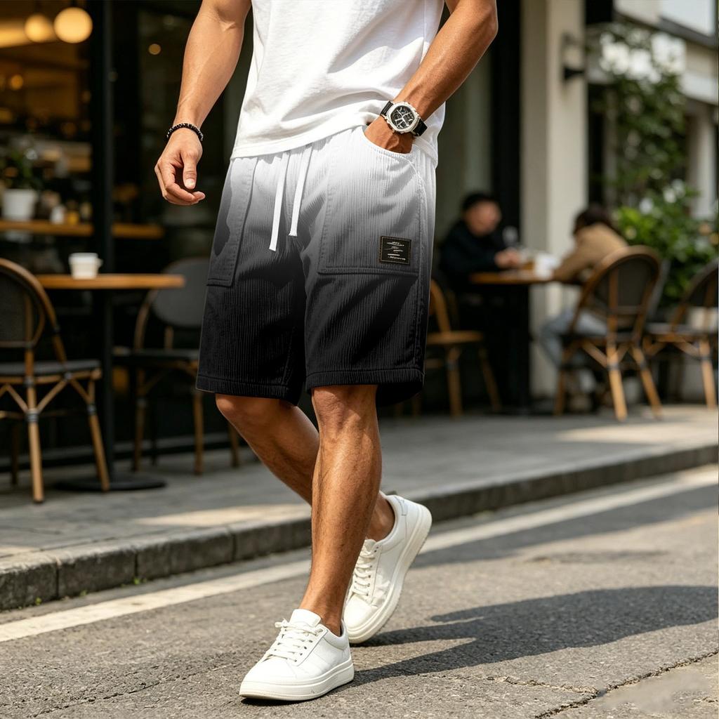Herren Freizeit Corduroy Kordelzug Shorts Farbverlauf Stil mit Buchstaben Aufnäher Klassisch Bequem Sitz Sommer Strandkleidung