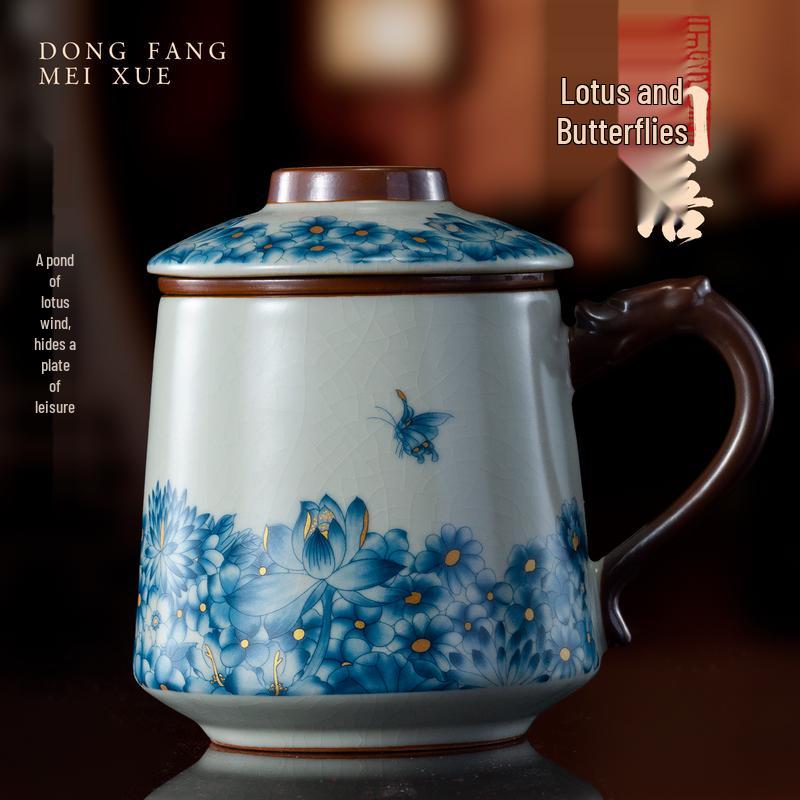 Dehua Ru Kiln Lotus Ceramic Tea Cup with Lid & Infuser Set