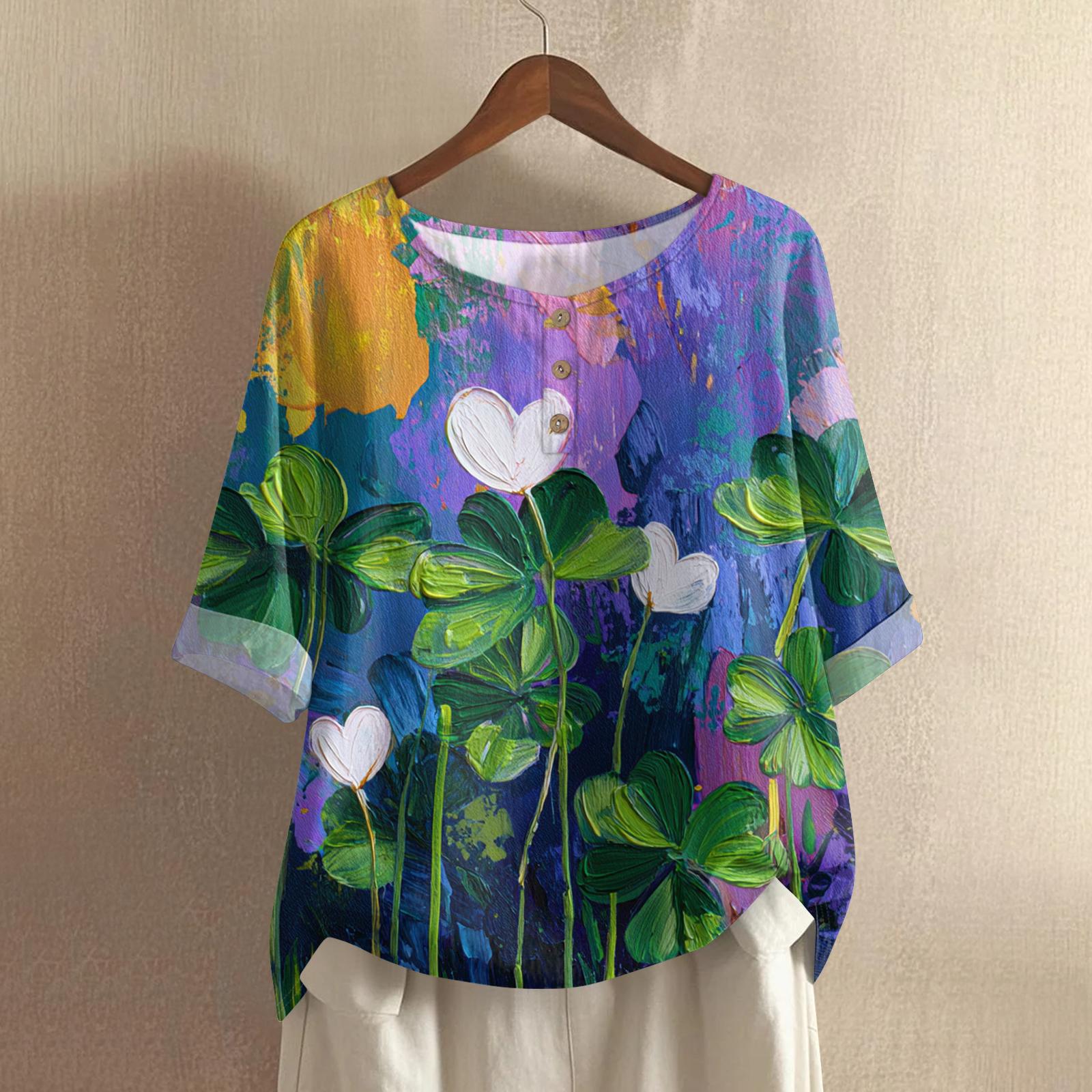 

Women s St. Patrick s Day Printed Casual Mid Sleeved Round Neck Cotton And Linen Top M фиолетовый