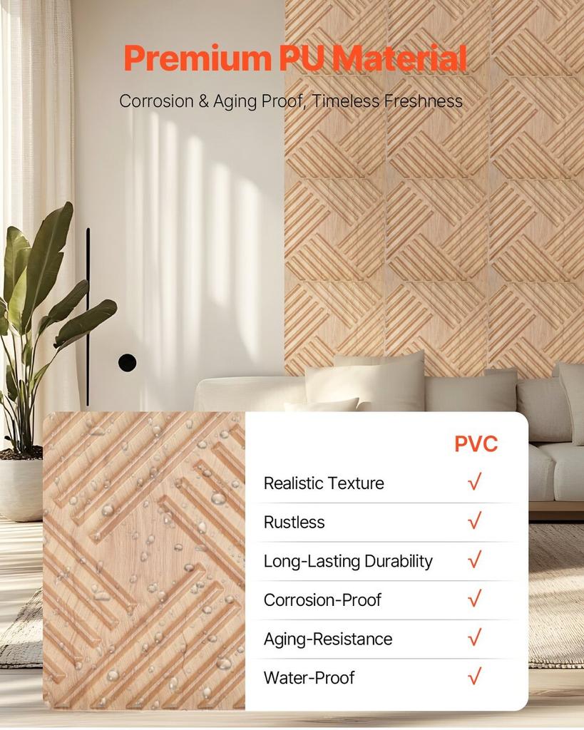 3D Slat Wall Panels 12-Pack 19.7x19.7'' PVC 32 Sq.Ft Coverage Light Wood