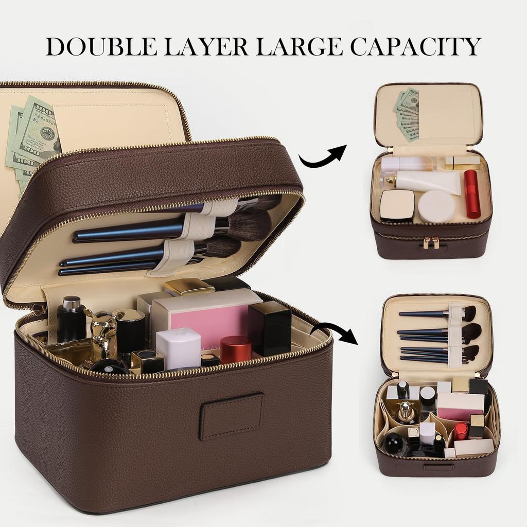 Borsa Cosmetica di Lusso a Doppio Strato di Grande Capacità per Viaggio Manico Superiore Portatile Pelle PU Multi Scomparto Custodia da Toeletta
