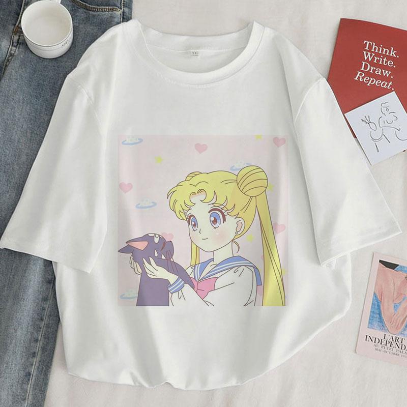 Camiseta con estampado Kawaii de Anime japonés para mujer, remera Harajuku de estética blanca y rosa, camiseta para mujer 2022