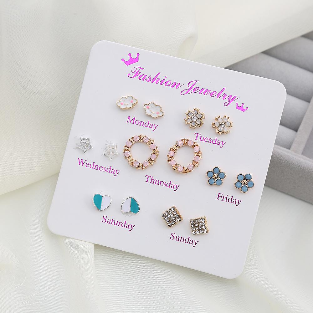 Korean Style Rhinestone Stud Earrings Set: 7 Pairs of Geometric and Heart Shapes for Women