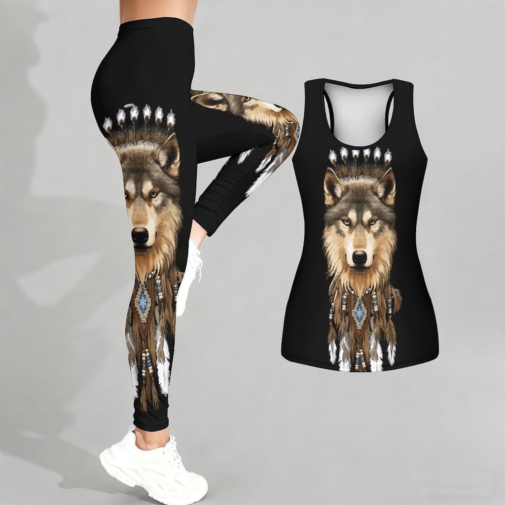 Silny Wilk Wzór Nadruk Strój do Jogi dla Kobiet Moda Legginsy Treningowe Fitness Sportowy Codzienny Zestaw do Jogi Garnitur Sportowy