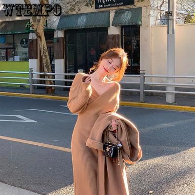 Spring and Autumn Women's Dress Autumn and Winter Slim Fit Dress Temperament Cross-neck Knitted Woolen Dress French Waist Wrap Hip Dress