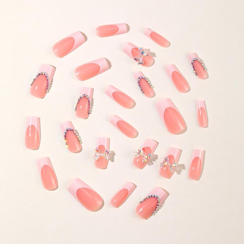 Unghii False Albe Detașabile cu Strasuri în Formă de Fundă Aurora și Vârf Francez (Dreptunghi mediu)