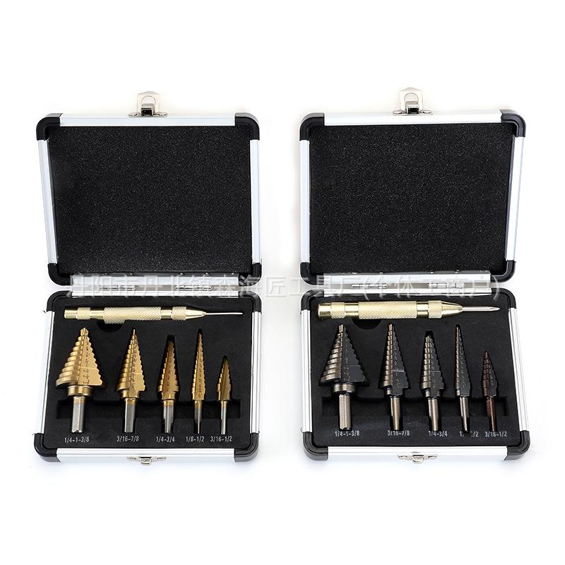 5pc Black & Gold Step Drill Bit Set with Imperial Size Triangle Shank In Aluminum Box