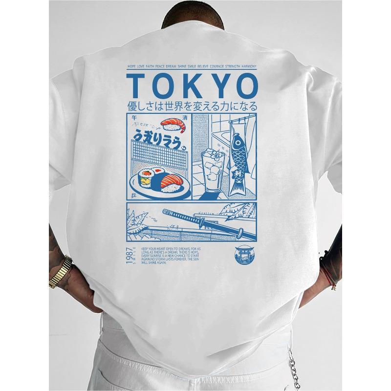 New Men S Graphic T-Shirts Featuring Japanese Style with Tokyo-Themed Trendy Prints And Short Sleeves S белый