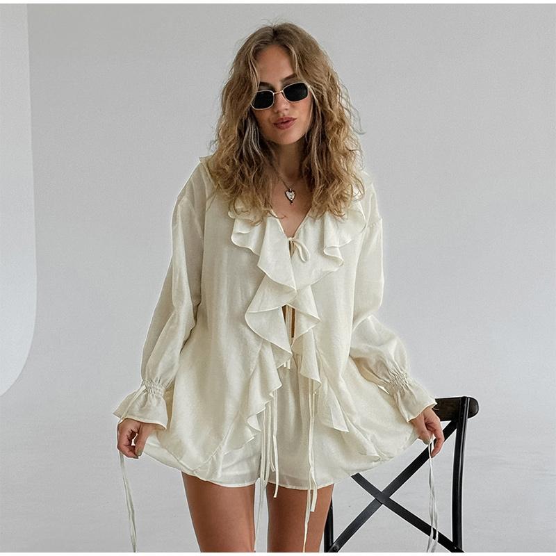 Casual Ruffled Shirt Shorts Sets Women Loose Lace Up Hollow Out V Neck Tops High Waist Wide Leg Shorts Lady Suit