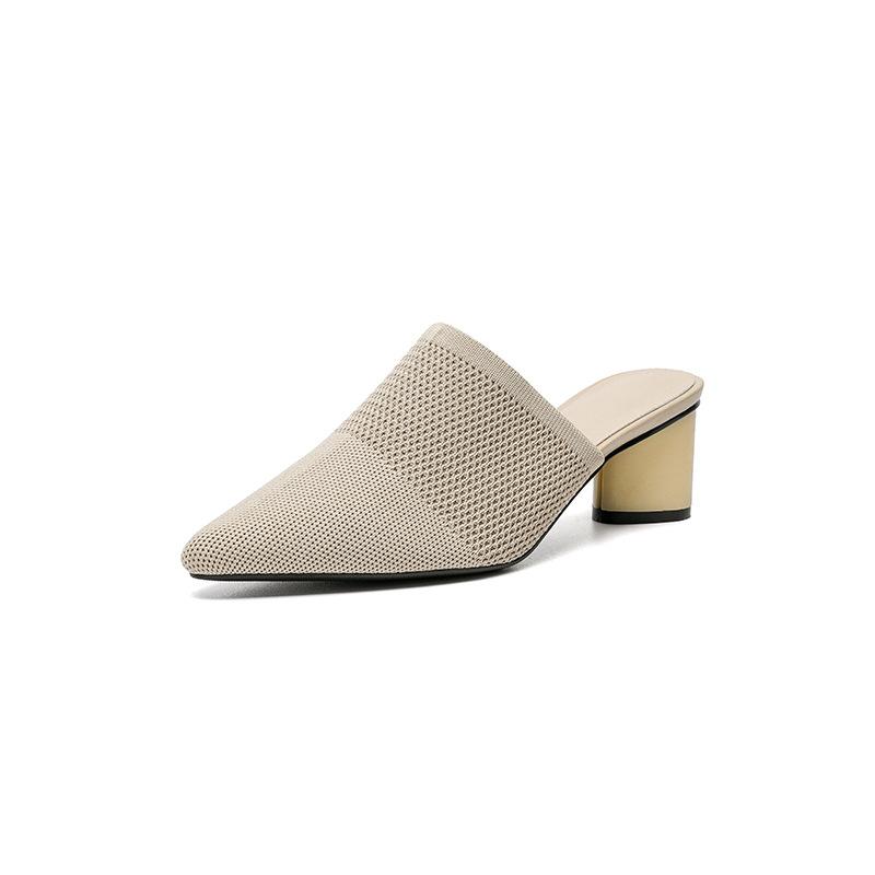 Damen Große Größe Frühling Spitzschuh Dicken Absätzen Sandalen Schuhe Casual Flyknit Blockabsatz Tiefe Öffnung Einfarbig Gestrickte Slipper Schuhe 34-43