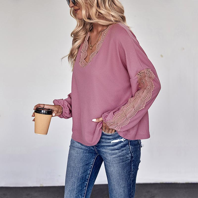 Fashion Spring Autumn Lacework Lantern Sleeve V Neck Solid Color Women Casual Pullover T Shirt Blouse Top