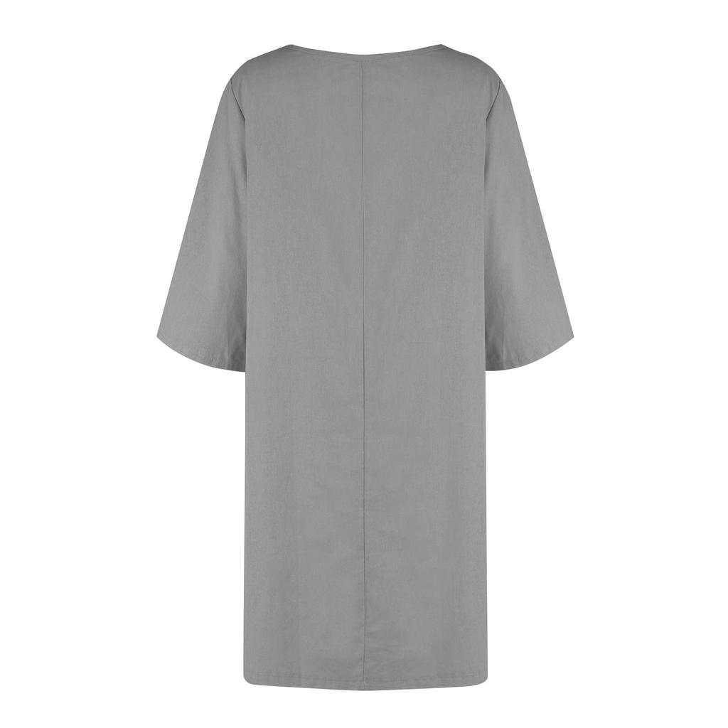 Dam Ny Sommar Sjuärmad Bomull Och Linne Liten V-ringning Patchwork Vintage Enfärgad Klänning