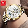OLEVS 7018 Men's Watches Dgital Dial Skeleton Flywheel Automatic Mechanical Wristwatch Luxury Moon Phase Week Calendar Man Watch
