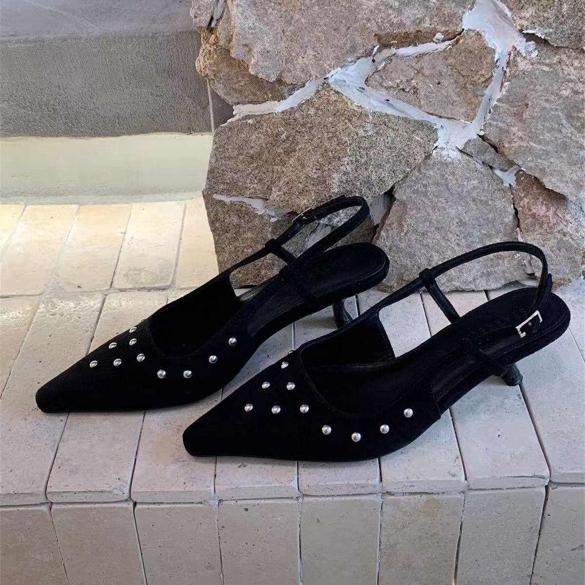 

Women Sandals 2026 Spring New Brand Sandals Women Fashion Rivet Pointed Toe Ladies Shoes Elegant Slingback Thin High Heel Pumps 35 чорний