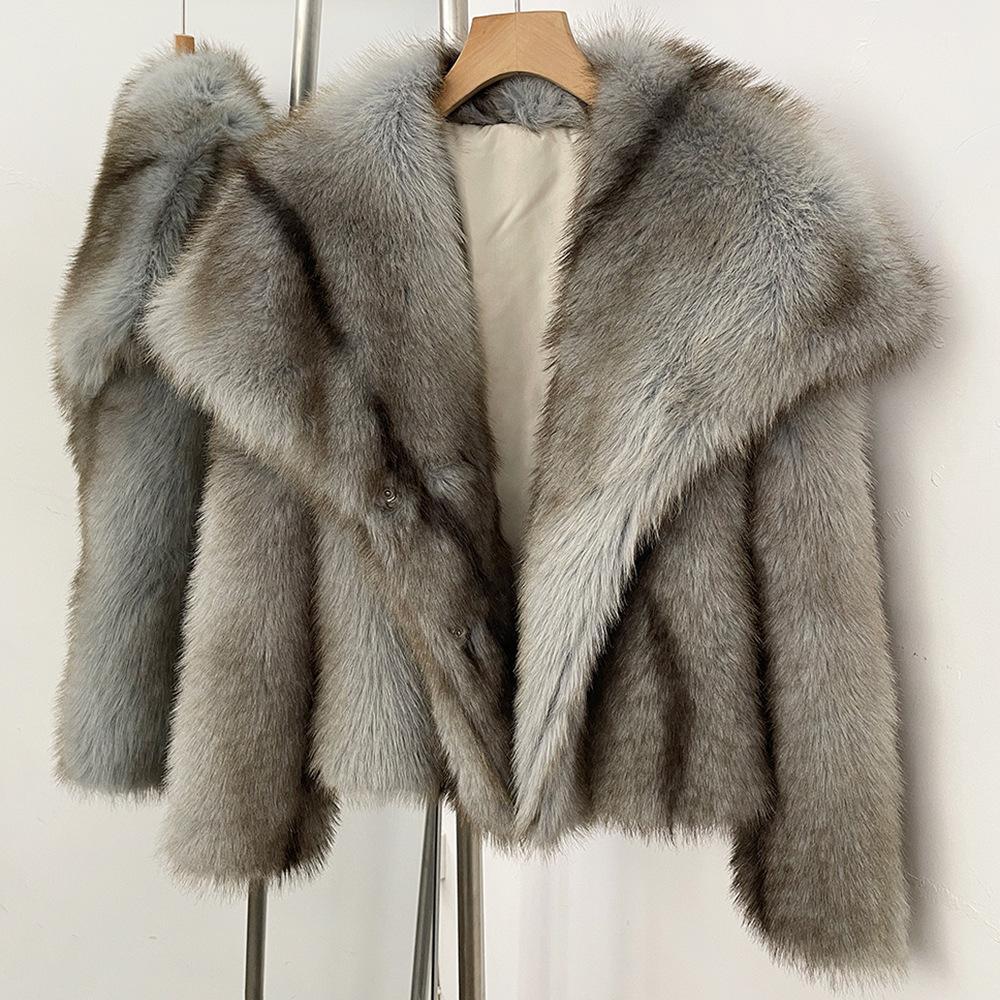 European and American winter new imitation fur coat women's clothing imitation fox hair short fashion striped large lapel coat