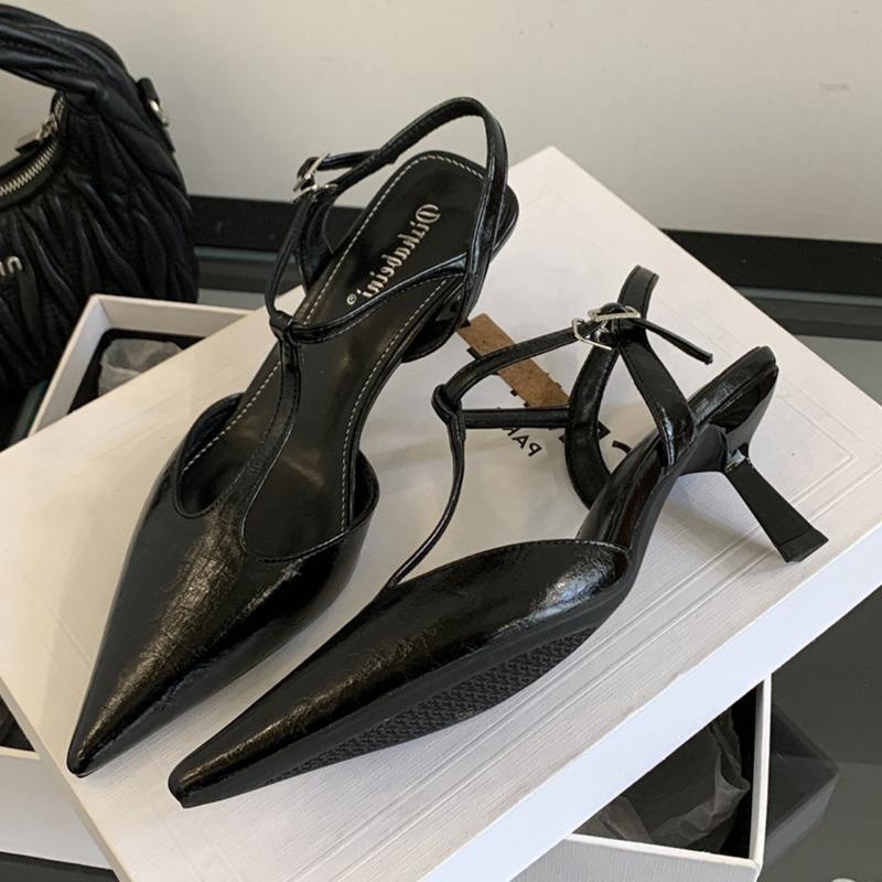 Elegant Pointed Toe T-strap Pumps Women Fashion Ankle Strap Buckle Thin Heel Designer Shoes Comfortable Shallow Party Dress Shoe