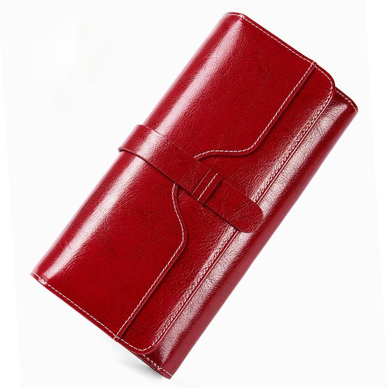 Pure leather three fold women's wallet, long buckle leather, cowhide, multi slot large capacity Korean version women's wallet, leather wallet