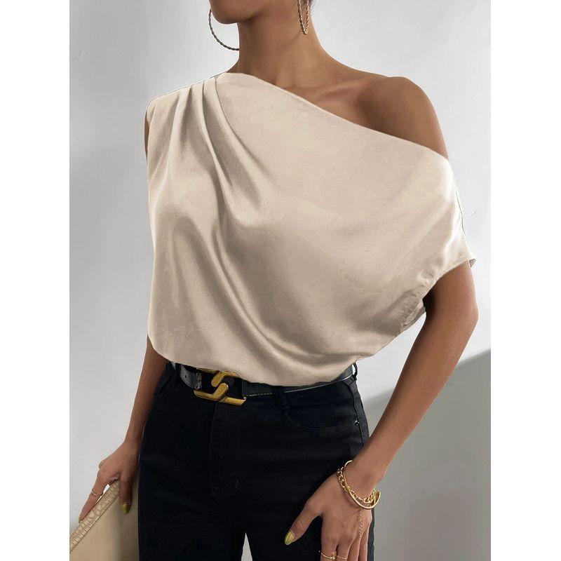 European and American-Style One-Shoulder Draped Satin Shirt