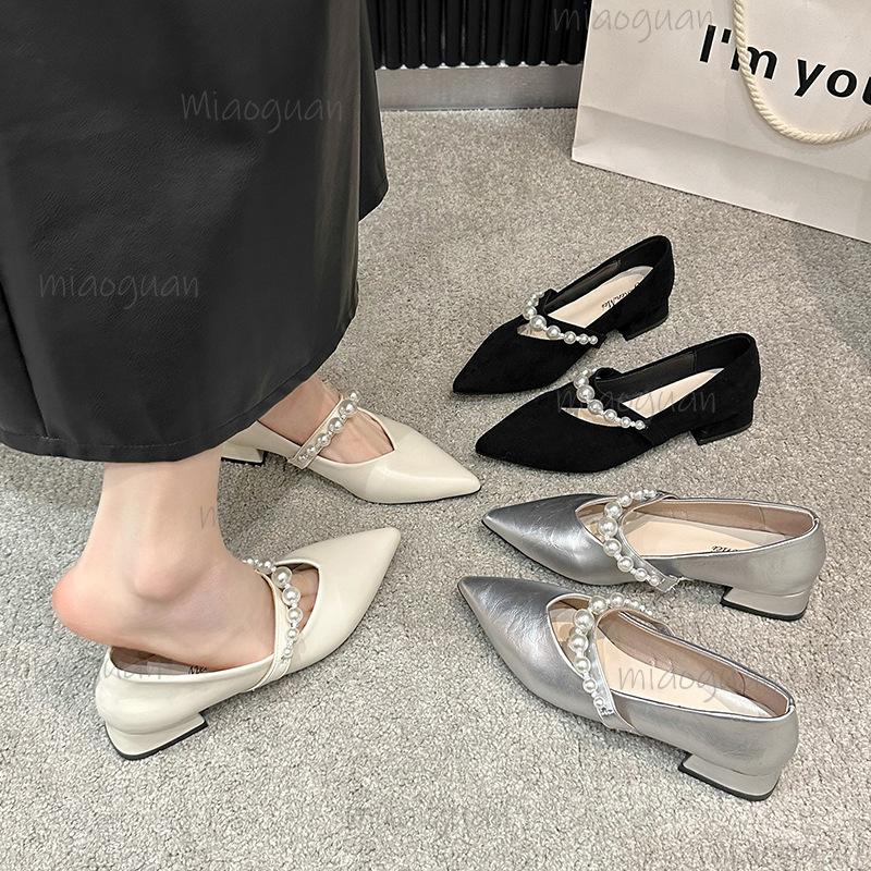 Elegant Pearl Buckle Mary Janes Flat Heels Women's Shoes Spring Summer Season Low Heel Comfortable PU Lined Rubber Soled Shoes