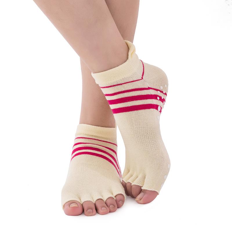 

Double Heel Striped Five-Finger Socks Yoga Socks Women S Cotton Professional Non-Slip Pilates Dance Open-Toe Socks One Size