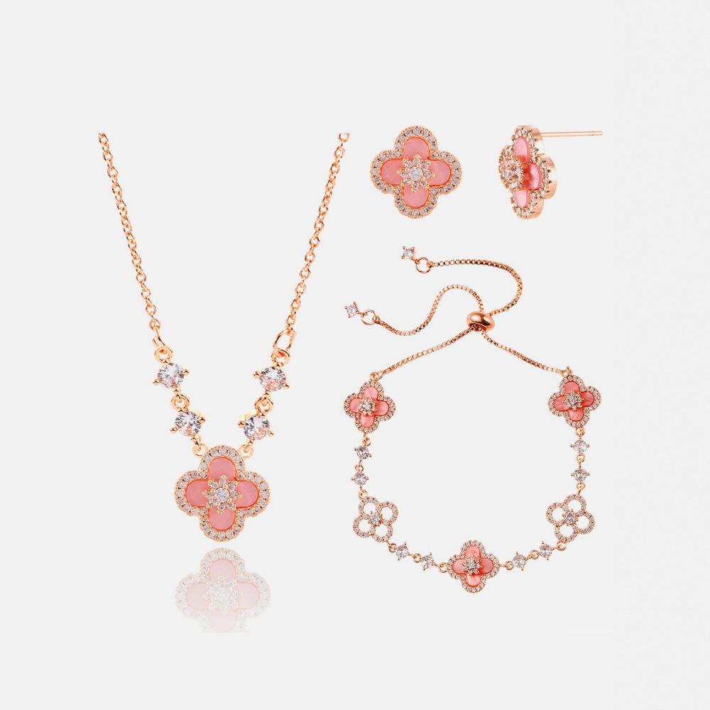 Lucky Four-Leaf Clover Zirconia Set - Women s Necklace Bracelet Earrings - Luxury Fashion Bridal Accessories розового золота