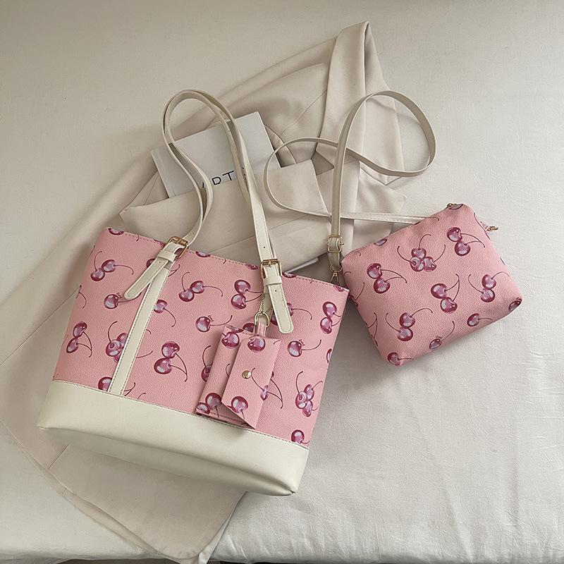 Einfaches Kirsch 3er Set Schultertaschen für Damen Große Kapazität Damen Pu Umhängetasche Tragbare Damen Einkaufstasche Handtaschen