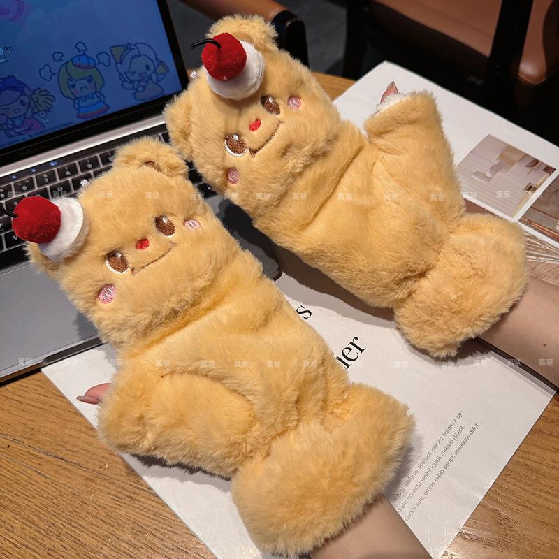 Cute cake bear half finger flip plush gloves women's season plush thickened warm student writing