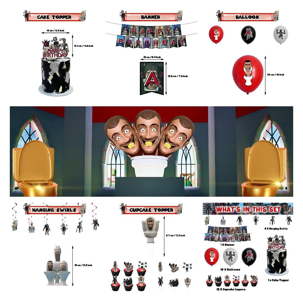 Skibidi Toilet Theme Birthday Party Decoration Kit Monster Birthday Cake Topper Paper Flag Balloons And More!