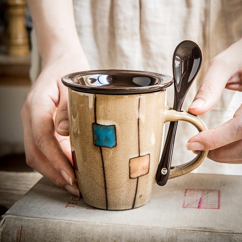Retro Kiln Coffee Cup With Lid Spoon Personalized Ceramic Cup Office Water Cup Household Gift Drum Cup