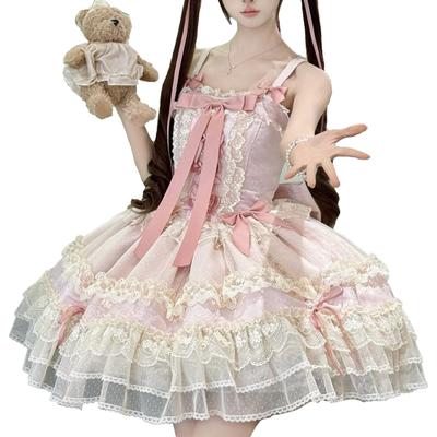 Dreamy Cute Lolita JSK Jumper Skirt with Ribbon and Fluffy Gothic Lolita Mori Girl Idol Dress Size M [XHSUKADO] Lace, Women's One-Piece Dress, Dress,