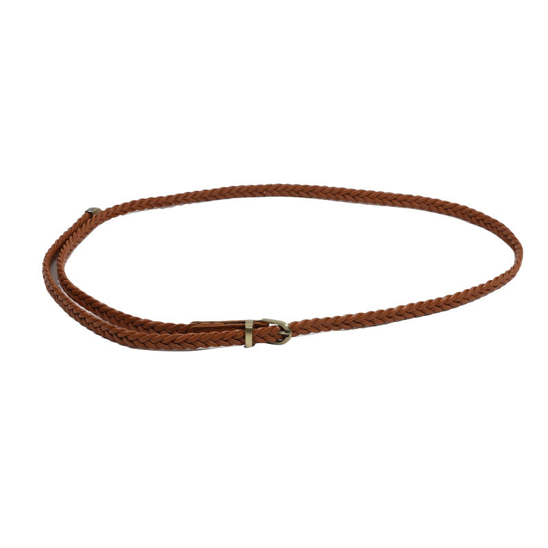 Women's Skinny Braided Leather Belts Vintage Thin Woven Waist Belts for Jeans Pants Dresses with Pin Buckle