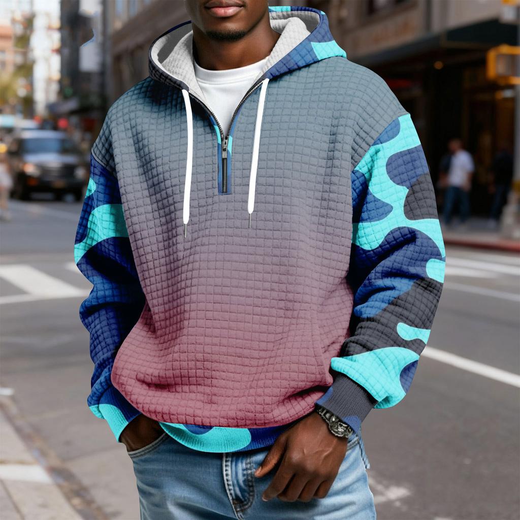 Sudadera Deportiva Casual para Hombre con Capucha y Media Cremallera a Cuadros con Cordón y Estampado