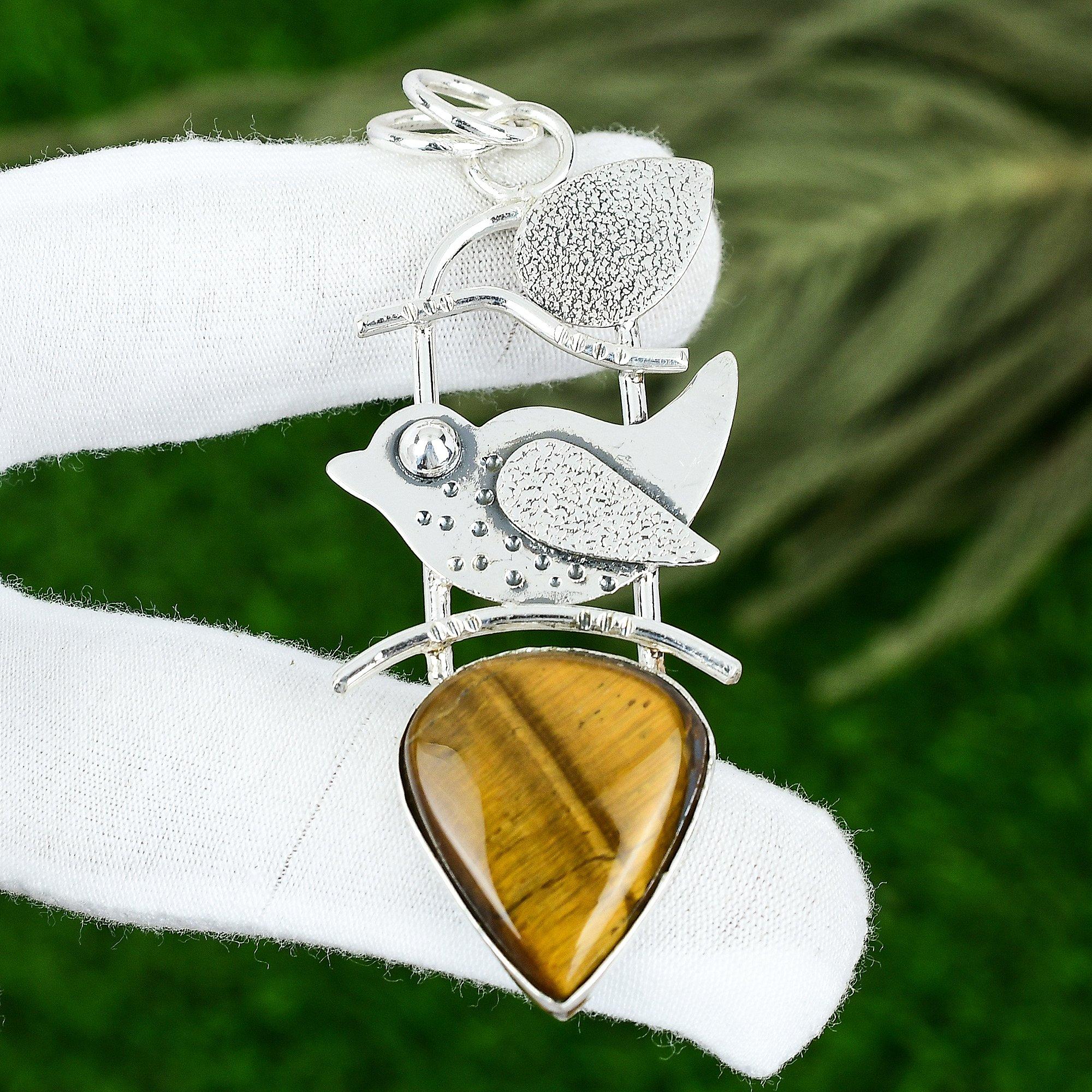 925 Silver Pear Natural Tiger Eye Bezel Boho Daughter Birthday Pendant Jewelry