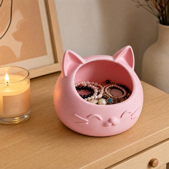 3D Printed Cat Head Pen Holder, Cute Desktop Storage Container, Wide Mouth Sundries Container for Keys Pens Makeup Brush Bracelets Rings