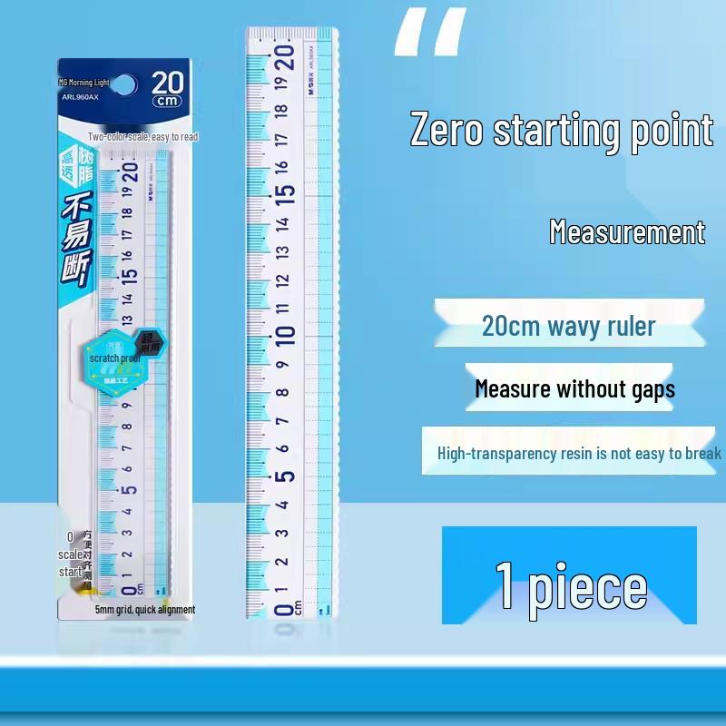 Chen MG Light Zero Start 15CM Wavy Line Ruler with Large Numbers & Two-Color Scale, High Transparency, Ideal for Students. Other