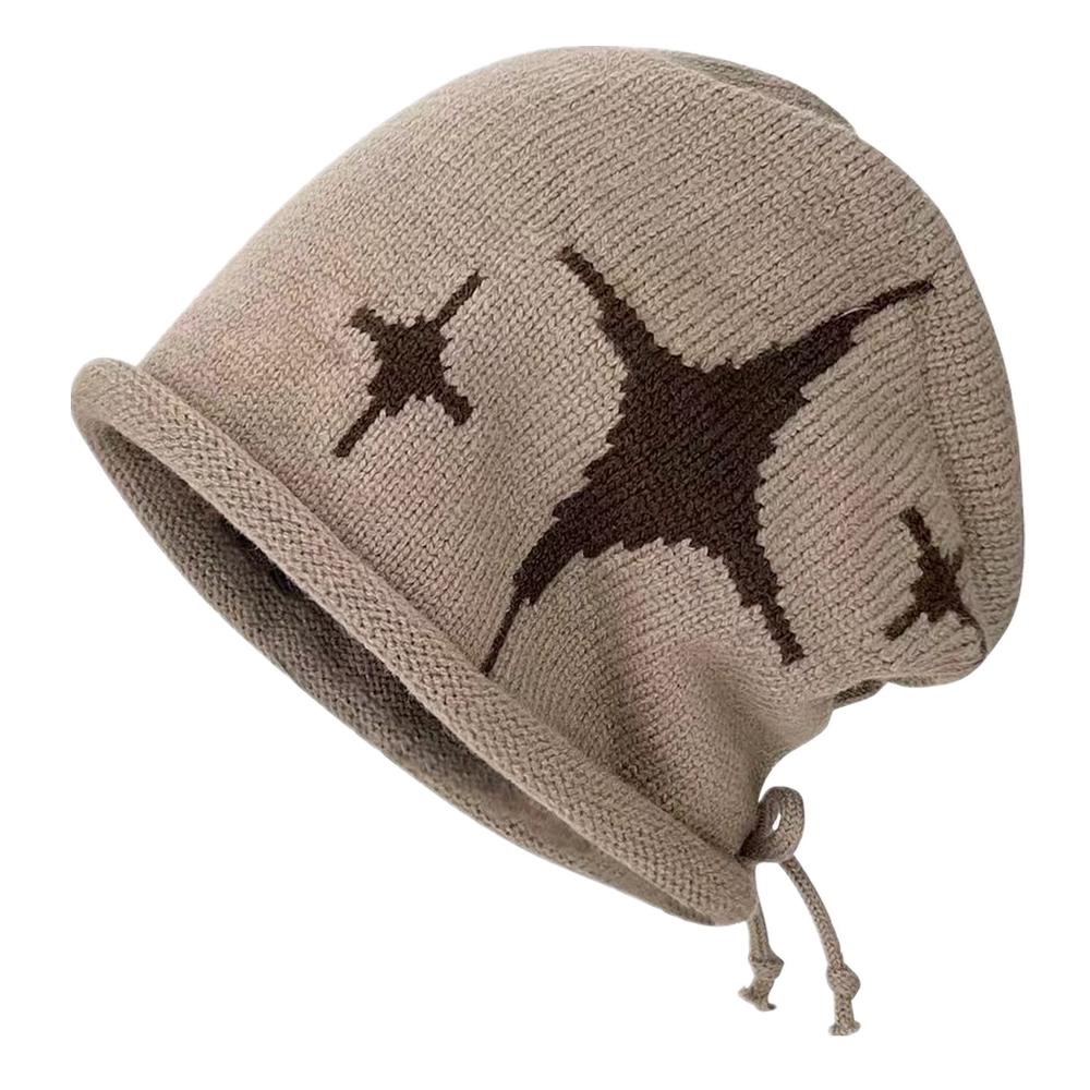 Woman Loose Beanie Hat Casual Drawstring Design Pile Hat Female Streetwear Outdoor Fashion Winter Knitted Hat