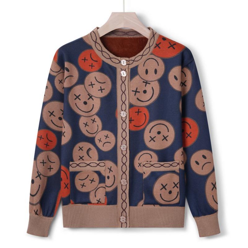 Middle-aged and Elderly Mothers Casual Knitted Sweater Jacket Female Grandma Autumn and Winter Sweater Plush Thickened Top