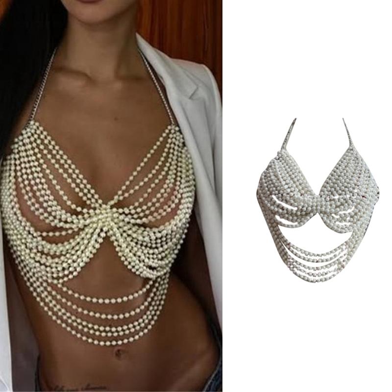Pearls Body Chain Multilayer Chest Chains Festival Raves Body Chain Harness Body Accessories Jewelry for Women Girls