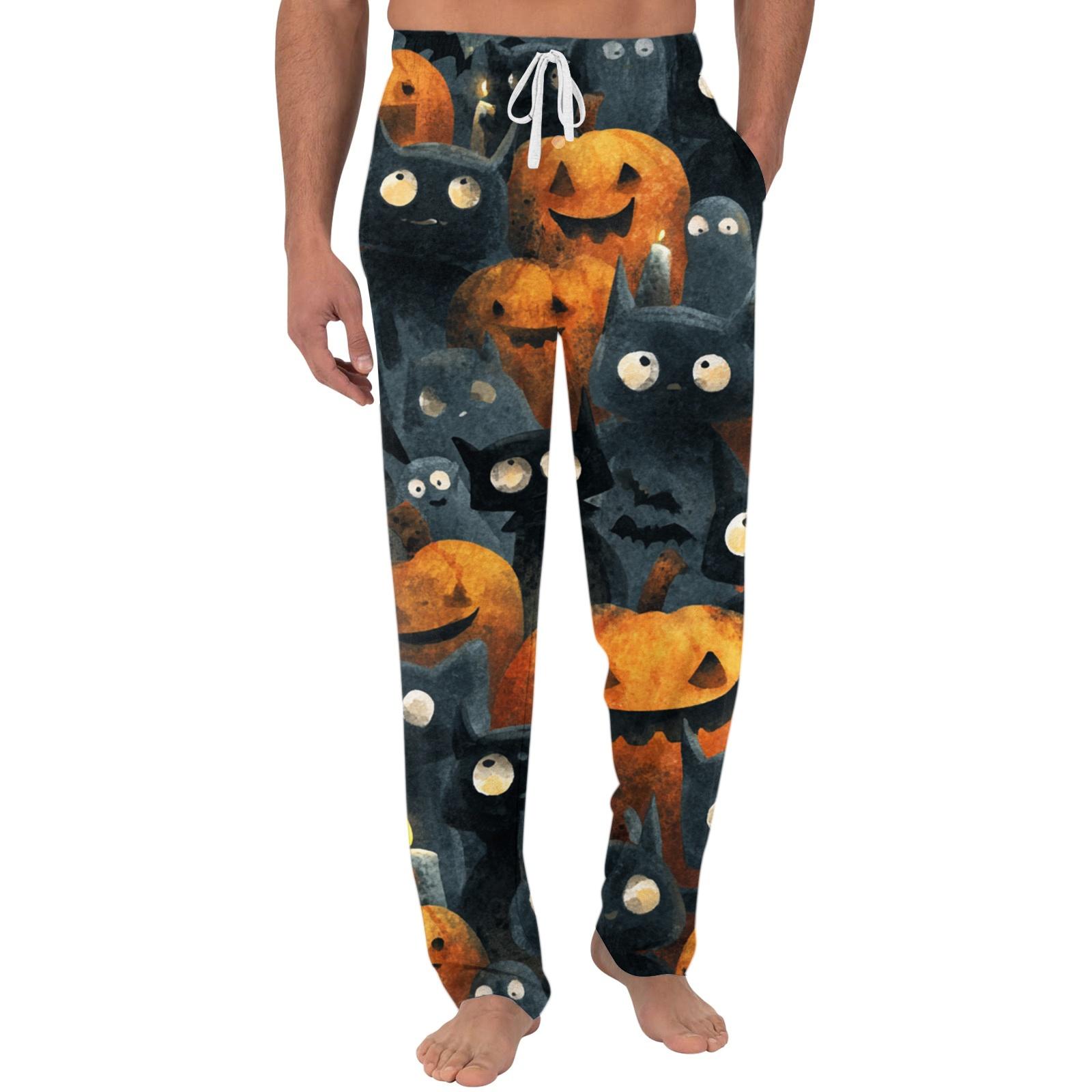 Men s Halloween Printed Casual Pajama Pants with Pockets - Sleepwear XL чёрный