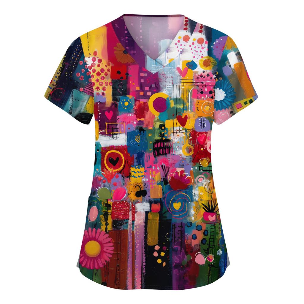 Women's Fashion V-neck Short Sleeve Workwear With Pockets Printed Tops