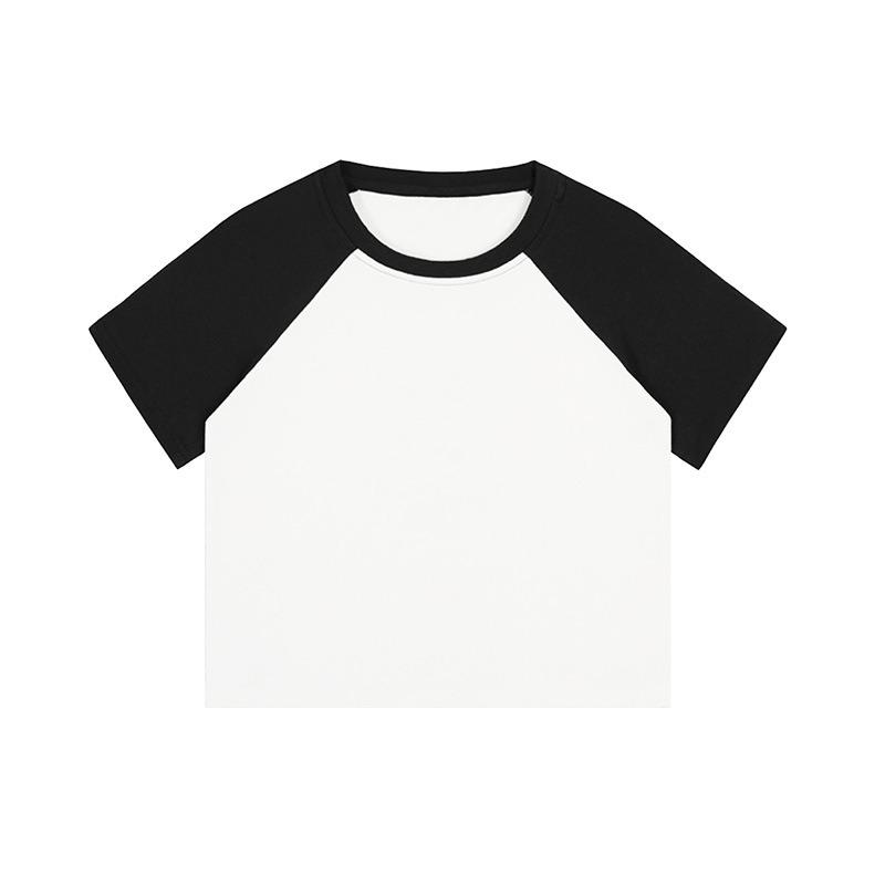 Ensfarvet Rund hals Skuldermermer Ren bomull Fargeblokkert Kort Glansfull Kortermet T-skjorte